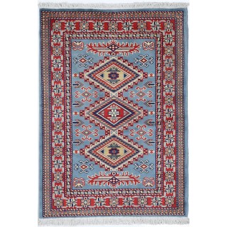 Hand Knotted Light Blue, Red, Ivory Wool Area Rug | Geometric Tribal Medallion Patterned Accent Rug