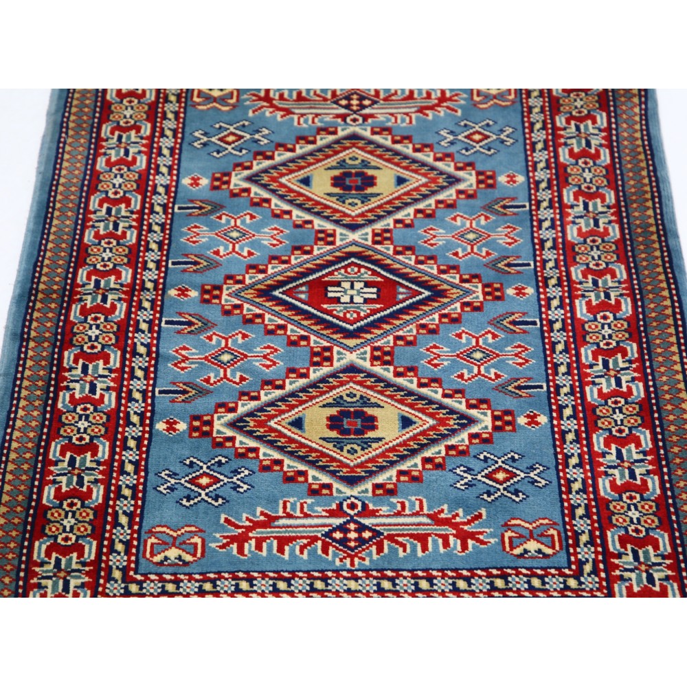 Hand Knotted Light Blue, Red, Ivory Wool Area Rug | Geometric Tribal Medallion Patterned Accent Rug Hand Knotted Light Blue, Red, Ivory Wool Area Rug | Geometric Tribal Medallion Patterned Accent Rug
