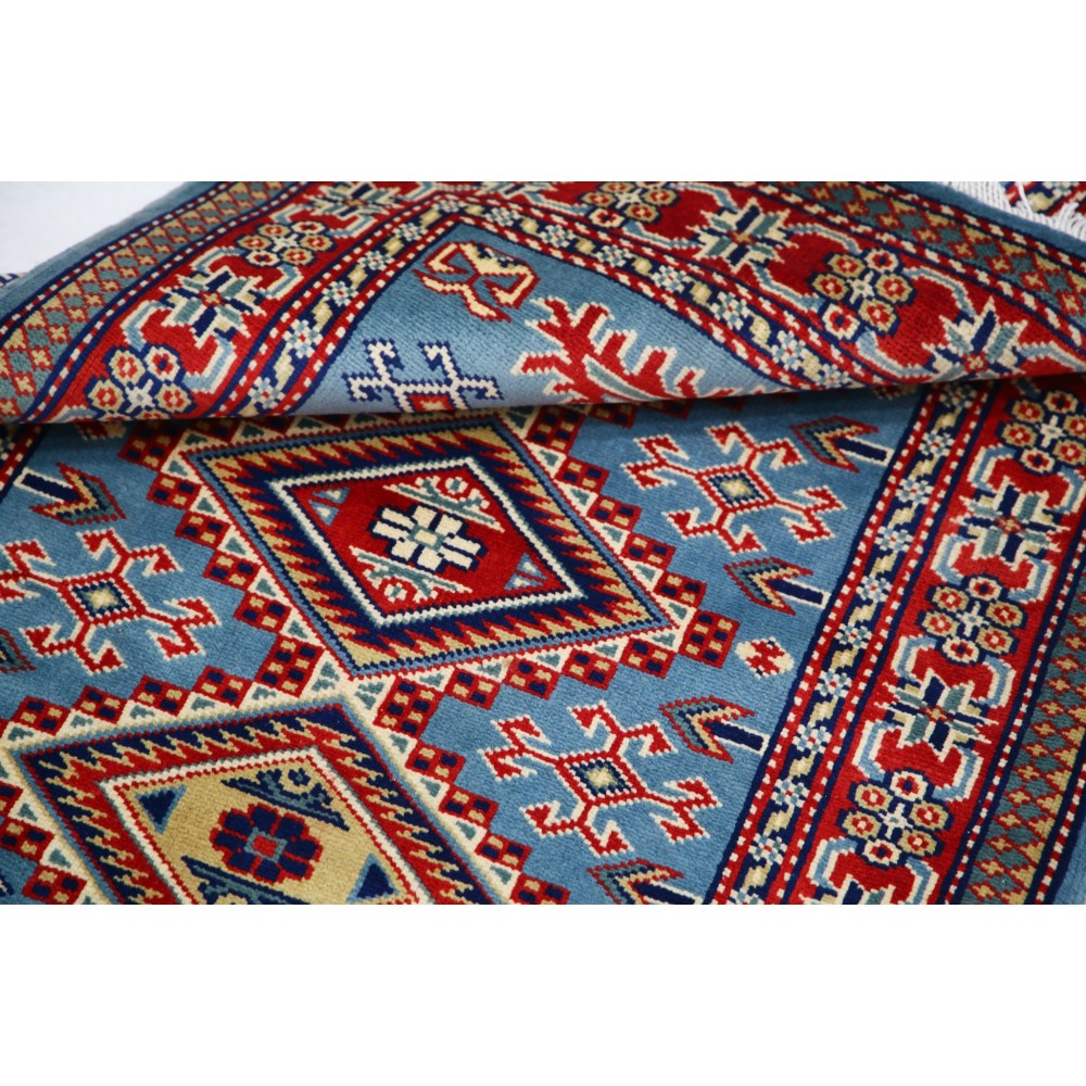 Hand Knotted Light Blue, Red, Ivory Wool Area Rug | Geometric Tribal Medallion Patterned Accent Rug Hand Knotted Light Blue, Red, Ivory Wool Area Rug | Geometric Tribal Medallion Patterned Accent Rug