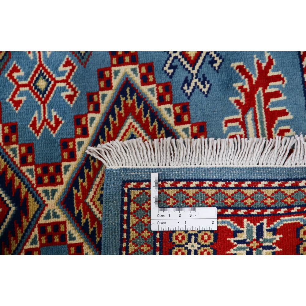Hand Knotted Light Blue, Red, Ivory Wool Area Rug | Geometric Tribal Medallion Patterned Accent Rug Hand Knotted Light Blue, Red, Ivory Wool Area Rug | Geometric Tribal Medallion Patterned Accent Rug