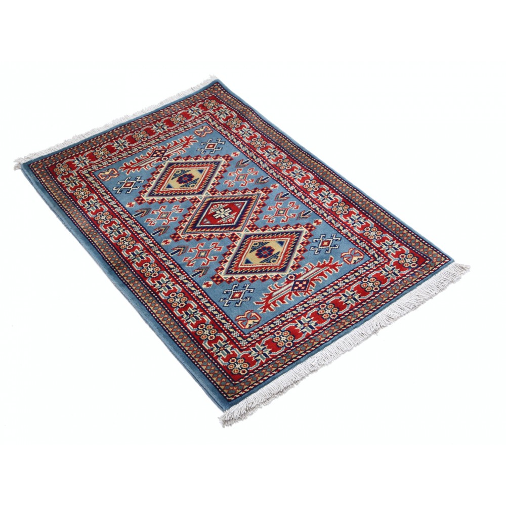 Hand Knotted Light Blue, Red, Ivory Wool Area Rug | Turkish Geometric Medallion Accent Rug Hand Knotted Light Blue, Red, Ivory Wool Area Rug | Turkish Geometric Medallion Accent Rug