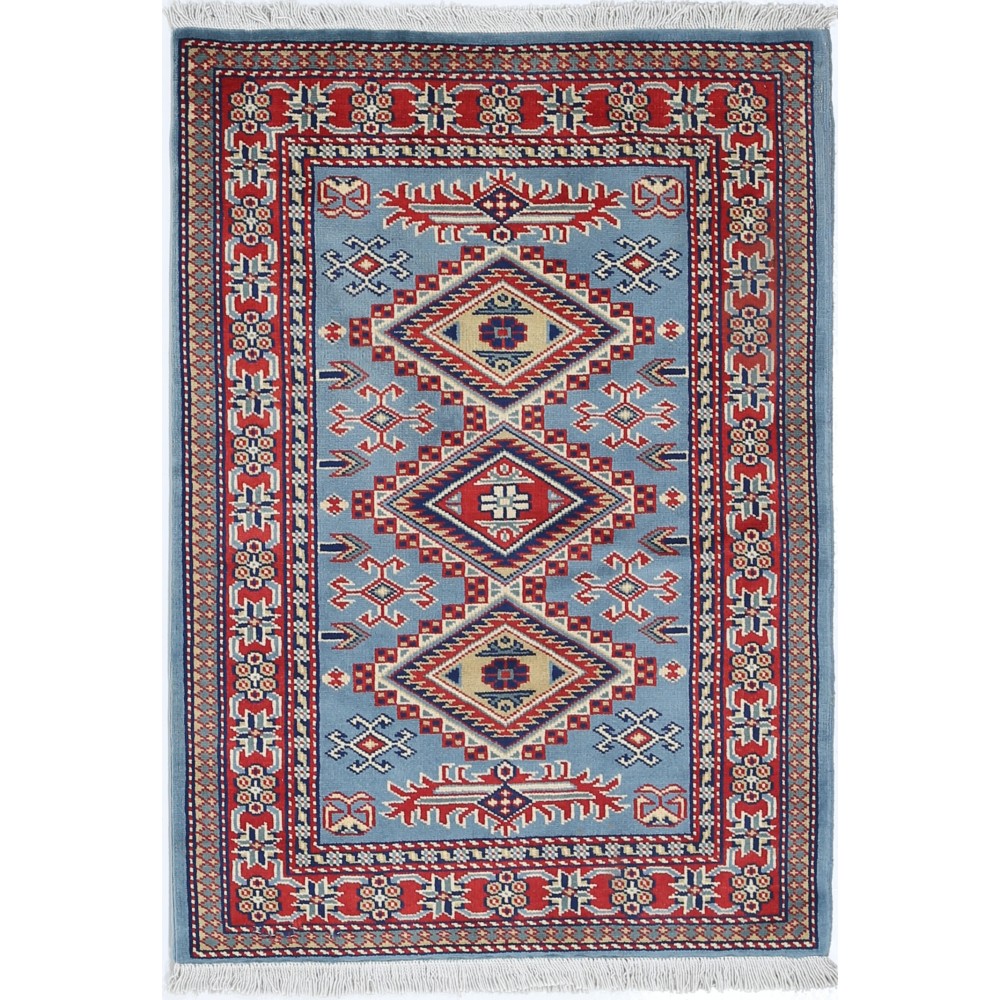 Hand Knotted Light Blue, Red, Ivory Wool Area Rug | Turkish Geometric Medallion Accent Rug Hand Knotted Light Blue, Red, Ivory Wool Area Rug | Turkish Geometric Medallion Accent Rug