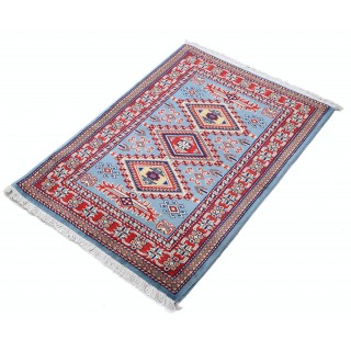 Hand Knotted Light Blue, Red, Ivory Wool Area Rug | Turkish Geometric Medallion Accent Rug