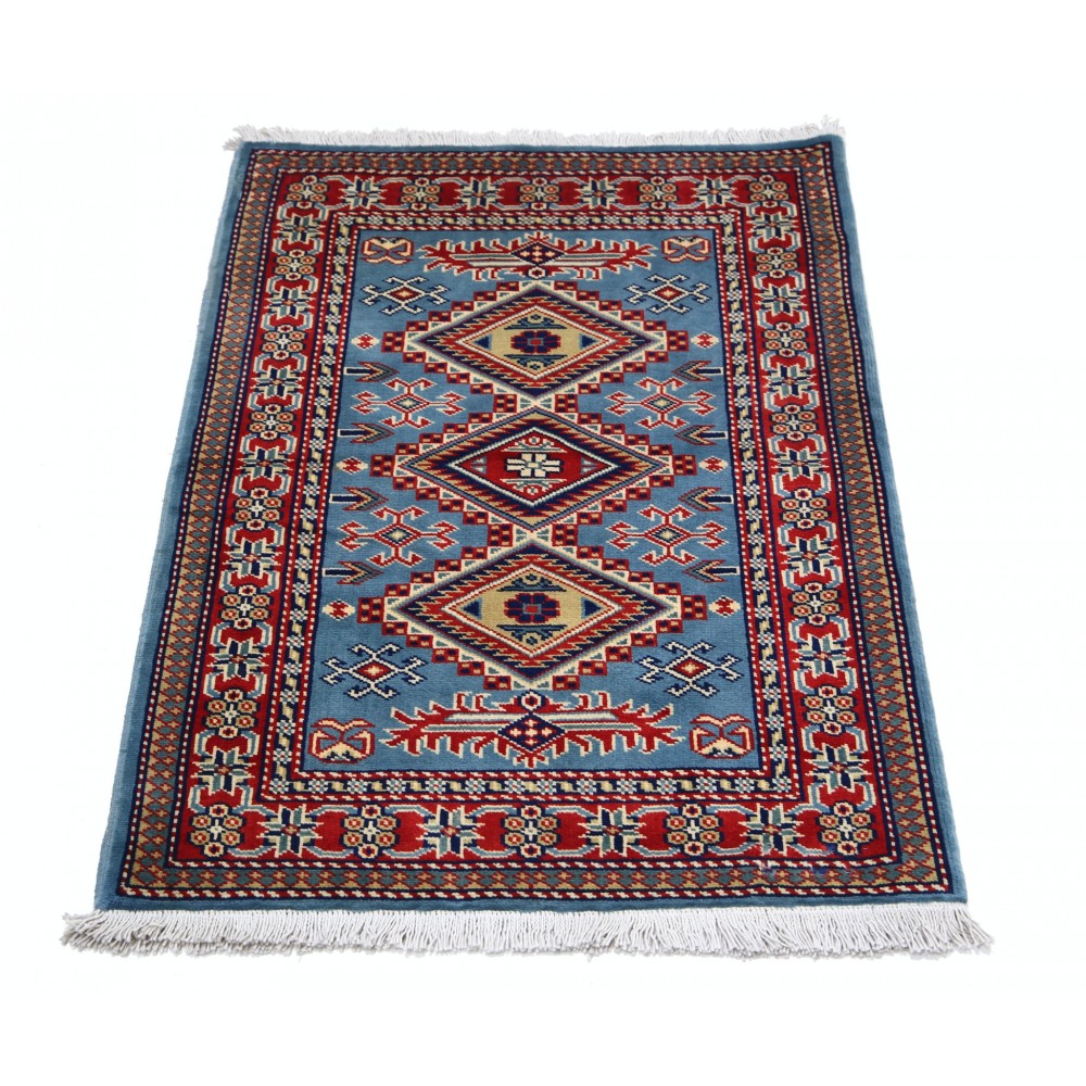 Hand Knotted Light Blue, Red, Ivory Wool Area Rug | Turkish Geometric Medallion Accent Rug Hand Knotted Light Blue, Red, Ivory Wool Area Rug | Turkish Geometric Medallion Accent Rug