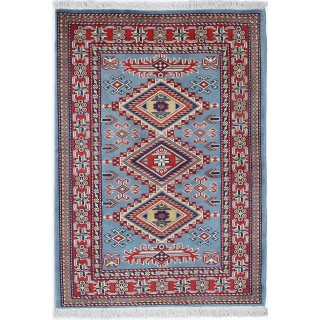 Hand Knotted Light Blue, Red, Ivory Wool Area Rug | Turkish Geometric Medallion Accent Rug