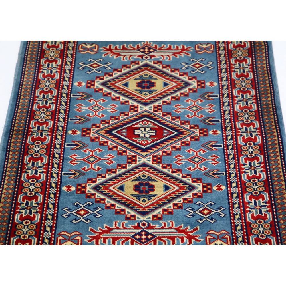 Hand Knotted Light Blue, Red, Ivory Wool Area Rug | Turkish Geometric Medallion Accent Rug Hand Knotted Light Blue, Red, Ivory Wool Area Rug | Turkish Geometric Medallion Accent Rug