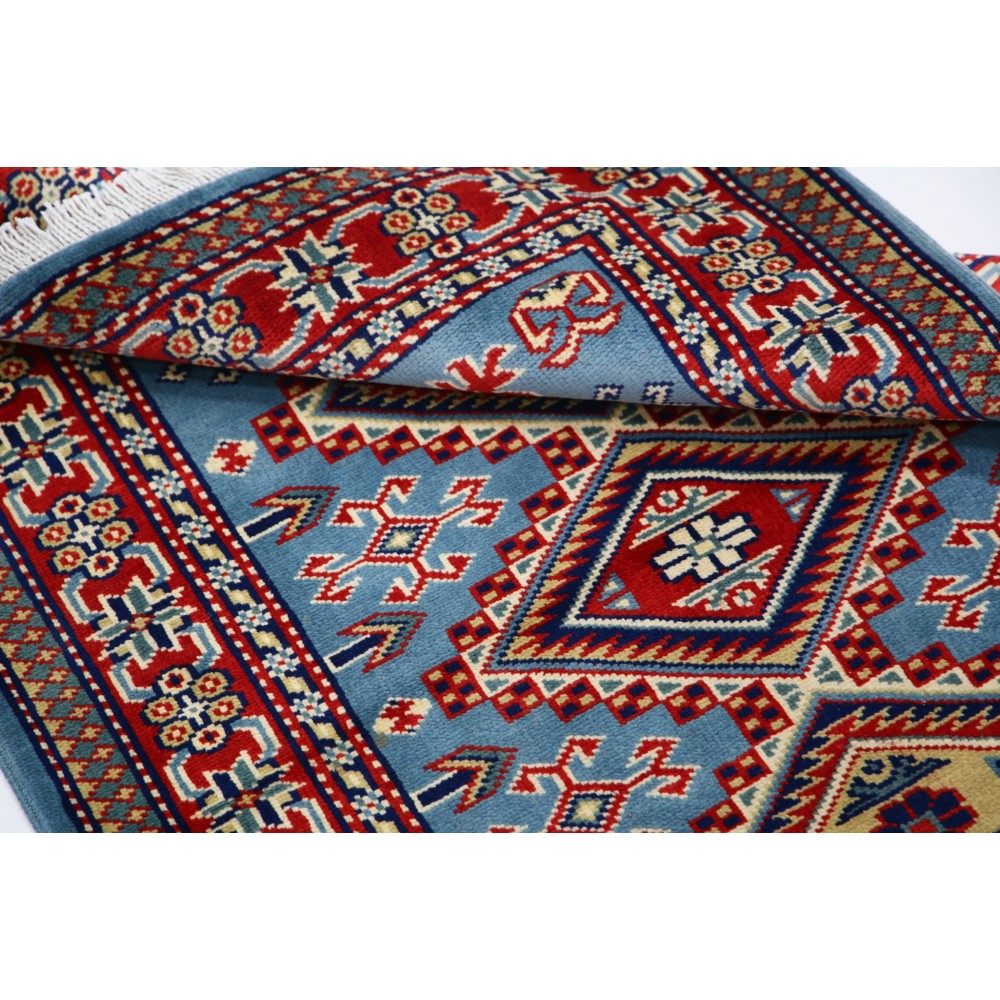 Hand Knotted Light Blue, Red, Ivory Wool Area Rug | Turkish Geometric Medallion Accent Rug Hand Knotted Light Blue, Red, Ivory Wool Area Rug | Turkish Geometric Medallion Accent Rug