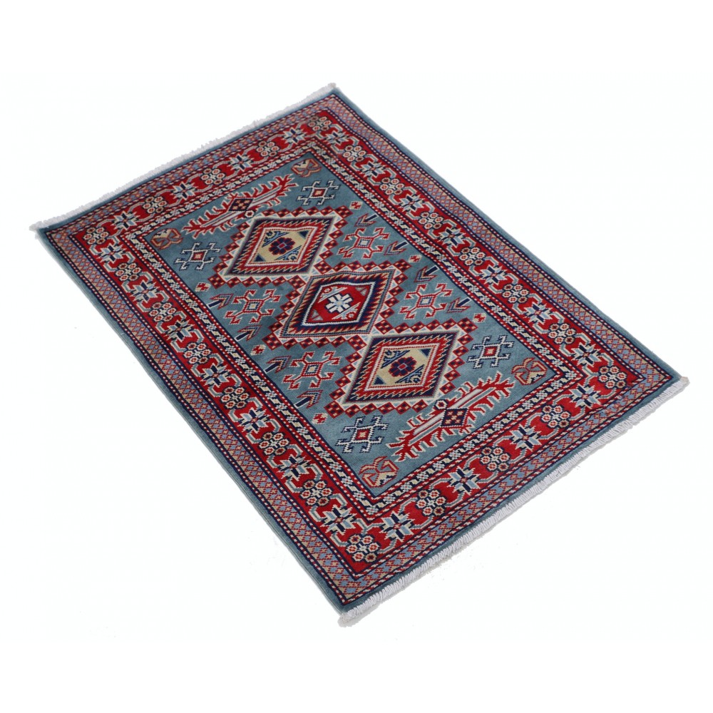 Hand Knotted Light Blue, Red, Ivory Wool Area Rug | Turkish Geometric Medallion Accent Rug Hand Knotted Light Blue, Red, Ivory Wool Area Rug | Turkish Geometric Medallion Accent Rug
