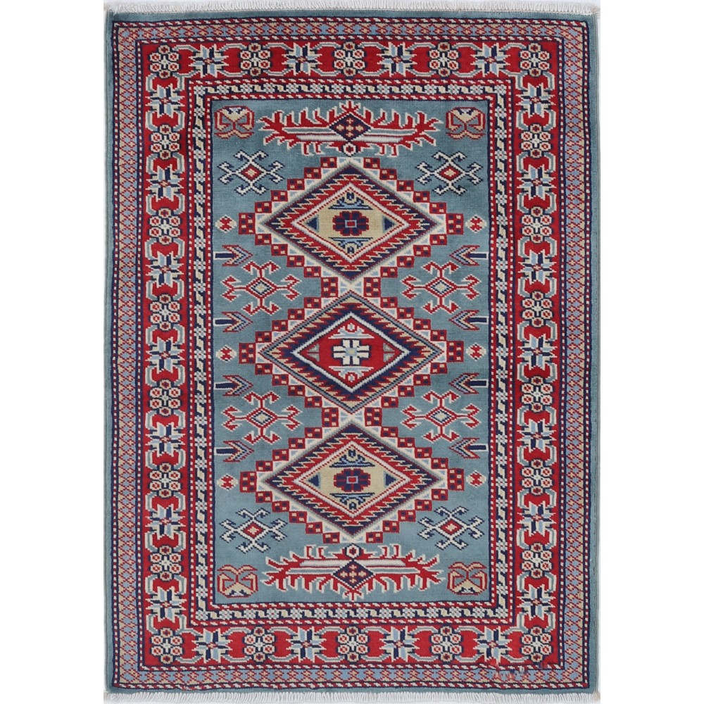 Hand Knotted Light Blue, Red, Ivory Wool Area Rug | Turkish Geometric Medallion Accent Rug Hand Knotted Light Blue, Red, Ivory Wool Area Rug | Turkish Geometric Medallion Accent Rug