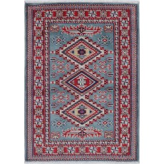 Hand Knotted Light Blue, Red, Ivory Wool Area Rug | Turkish Geometric Medallion Accent Rug