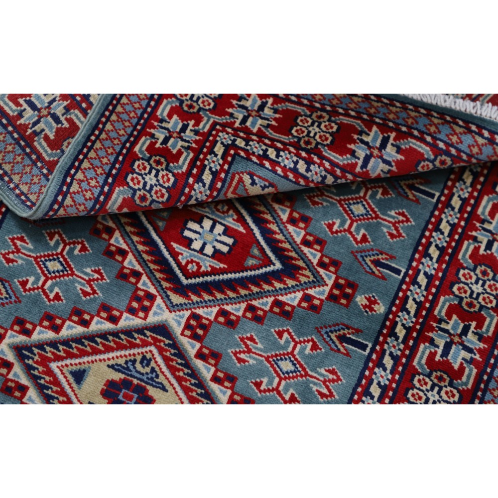 Hand Knotted Light Blue, Red, Ivory Wool Area Rug | Turkish Geometric Medallion Accent Rug Hand Knotted Light Blue, Red, Ivory Wool Area Rug | Turkish Geometric Medallion Accent Rug
