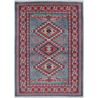 Hand Knotted Light Blue, Red, Ivory Wool Area Rug | Turkish Geometric Medallion Accent Rug