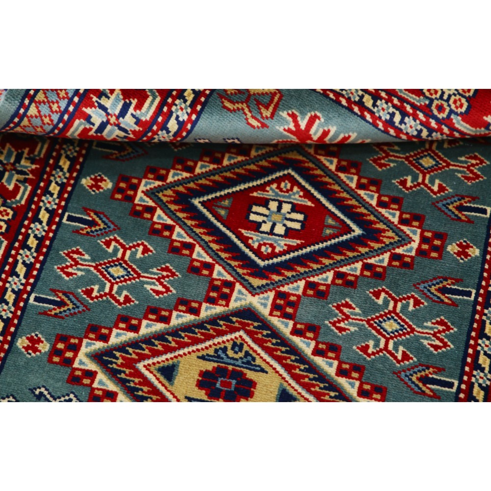 Hand Knotted Light Blue, Red, Ivory Wool Area Rug | Turkish Geometric Medallion Accent Rug Hand Knotted Light Blue, Red, Ivory Wool Area Rug | Turkish Geometric Medallion Accent Rug