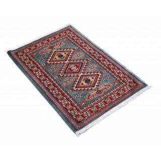 Hand Knotted Green, Red, Ivory Wool Area Rug | Geometric Tribal Medallion Patterned Accent Rug