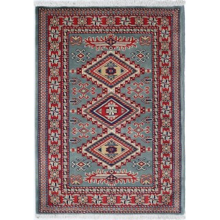Hand Knotted Green, Red, Ivory Wool Area Rug | Geometric Tribal Medallion Patterned Accent Rug