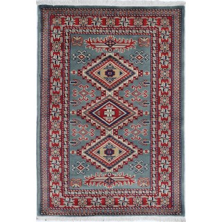 Hand Knotted Green, Red, Ivory Wool Area Rug | Geometric Tribal Medallion Patterned Accent Rug