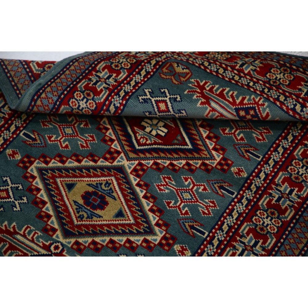 Hand Knotted Green, Red, Ivory Wool Area Rug | Geometric Tribal Medallion Patterned Accent Rug Hand Knotted Green, Red, Ivory Wool Area Rug | Geometric Tribal Medallion Patterned Accent Rug