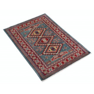 Handknotted Light Blue, Red, Ivory Wool Area Rug | Geometric Tribal Medallion Patterned Accent Rug