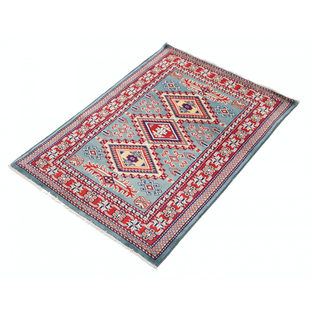 Handknotted Light Blue, Red, Ivory Wool Area Rug | Geometric Tribal Medallion Patterned Accent Rug Handknotted Light Blue, Red, Ivory Wool Area Rug | Geometric Tribal Medallion Patterned Accent Rug