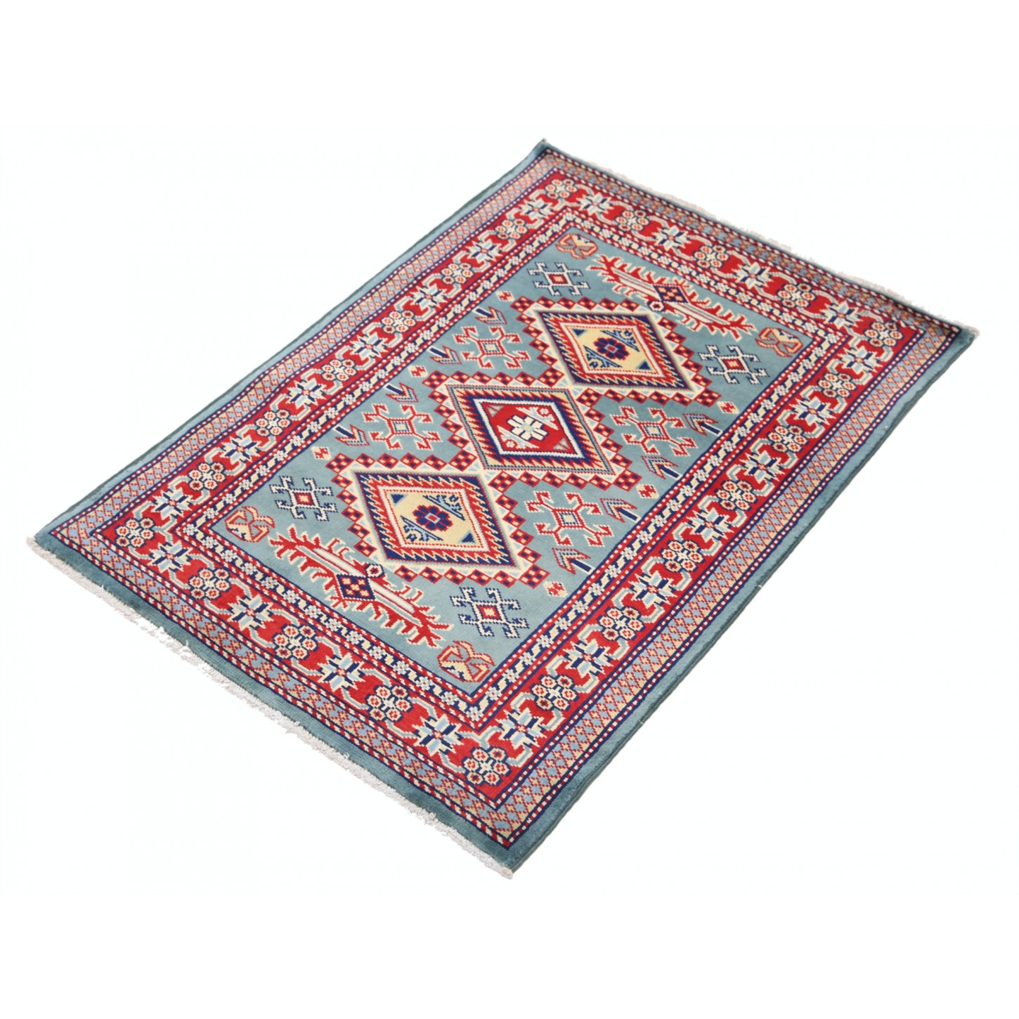 Handknotted Light Blue, Red, Ivory Wool Area Rug | Geometric Tribal ...