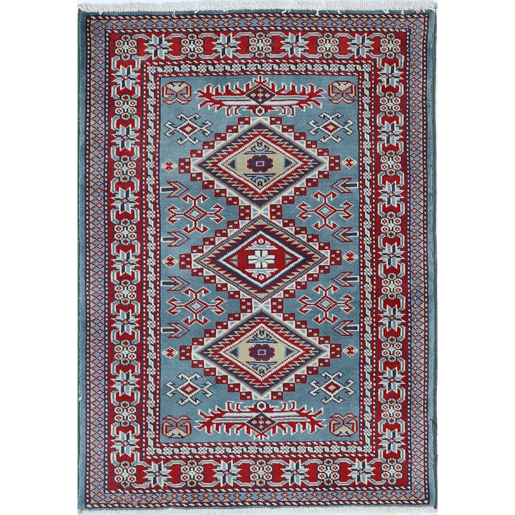 Handknotted Light Blue, Red, Ivory Wool Area Rug | Geometric Tribal ...