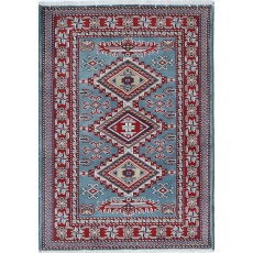 Handknotted Light Blue, Red, Ivory Wool Area Rug | Geometric Tribal Medallion Patterned Accent Rug