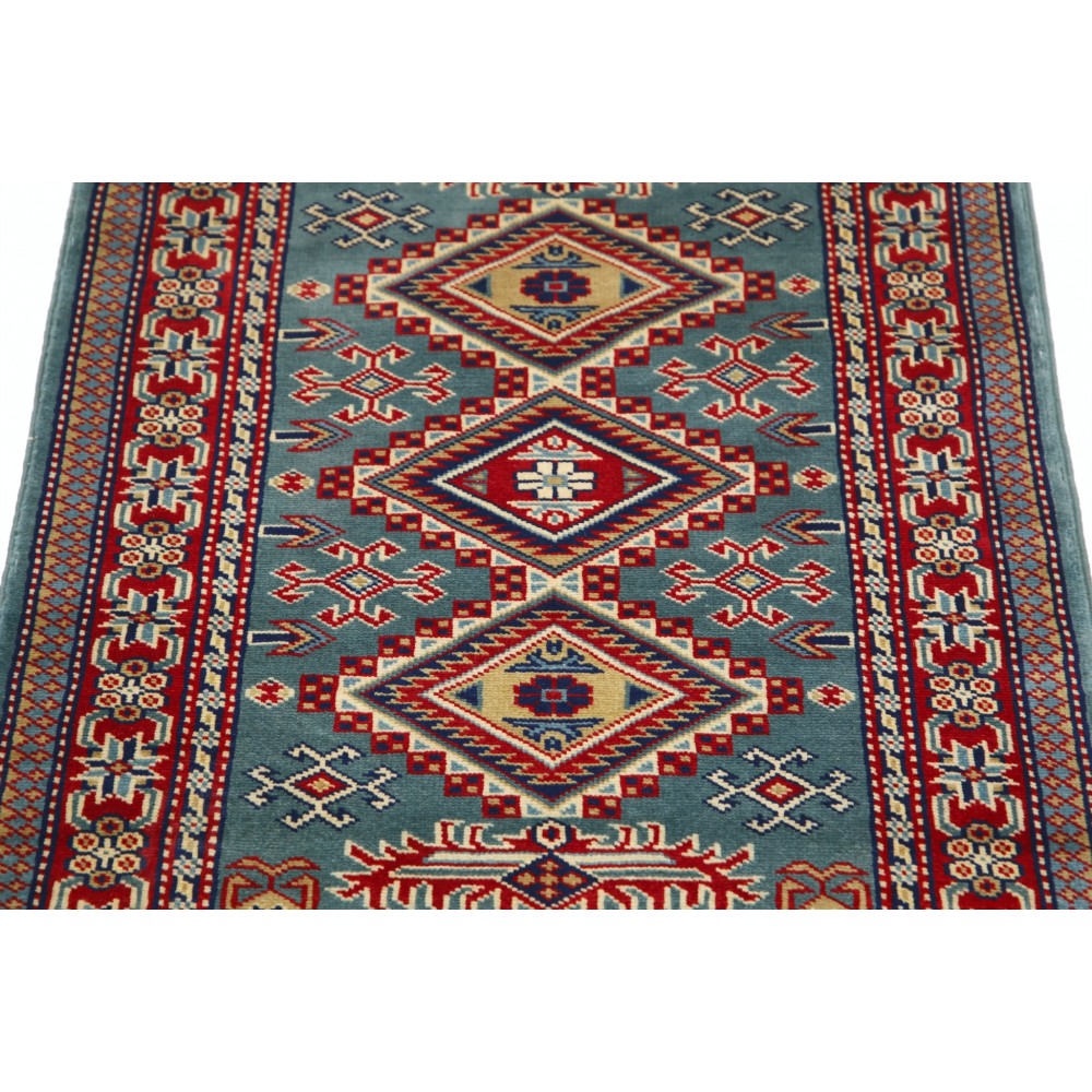 Handknotted Light Blue, Red, Ivory Wool Area Rug | Geometric Tribal Medallion Patterned Accent Rug Handknotted Light Blue, Red, Ivory Wool Area Rug | Geometric Tribal Medallion Patterned Accent Rug