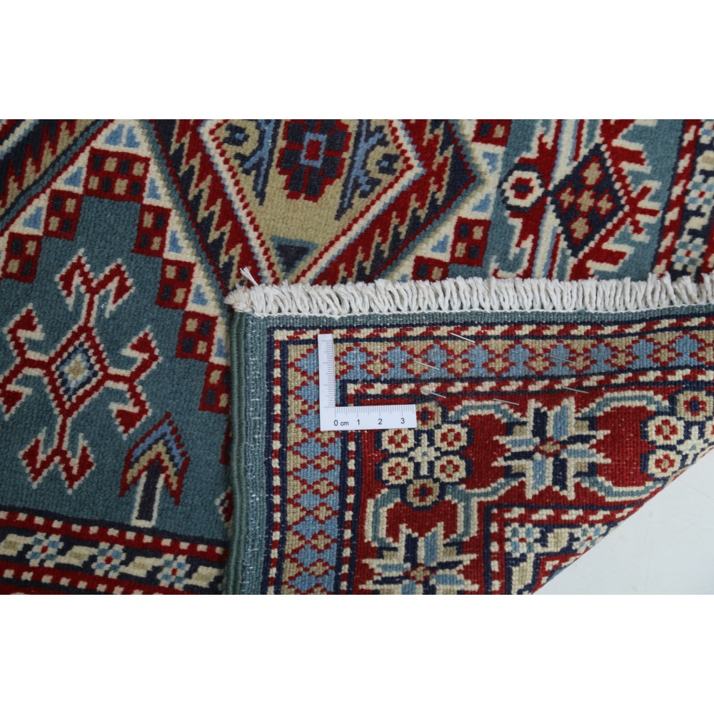Handknotted Light Blue, Red, Ivory Wool Area Rug | Geometric Tribal Medallion Patterned Accent Rug Handknotted Light Blue, Red, Ivory Wool Area Rug | Geometric Tribal Medallion Patterned Accent Rug