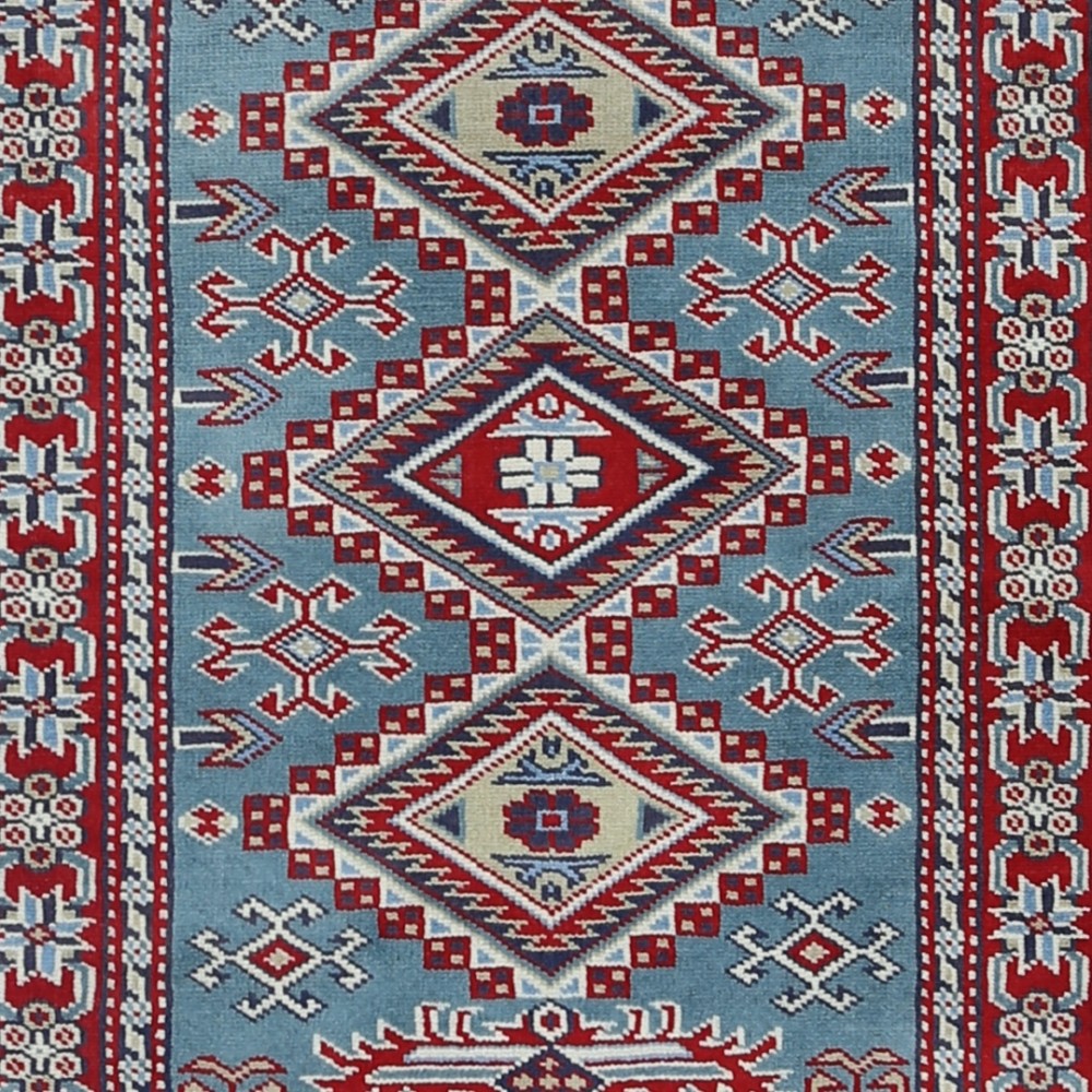 Handknotted Light Blue, Red, Ivory Wool Area Rug | Geometric Tribal Medallion Patterned Accent Rug Handknotted Light Blue, Red, Ivory Wool Area Rug | Geometric Tribal Medallion Patterned Accent Rug