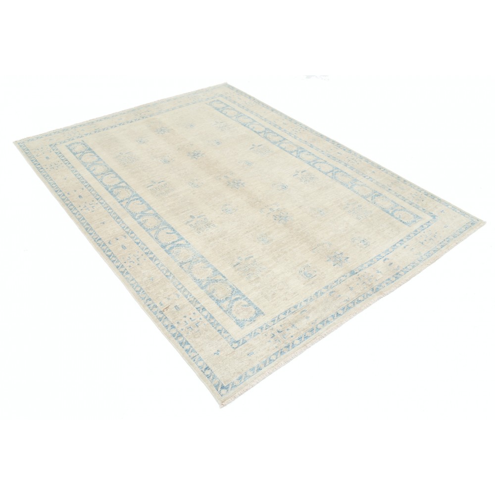 Hand Knotted Beige and Light Blue Wool Area Rug with Minimal Geometric Design