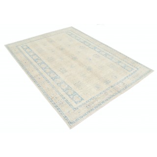 Hand Knotted Beige and Light Blue Wool Area Rug with Minimal Geometric Design