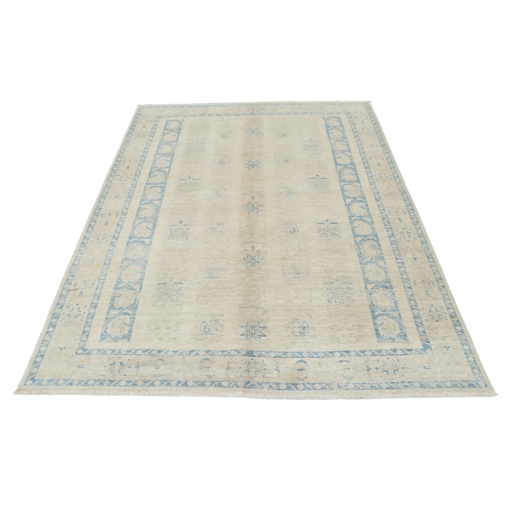 Hand Knotted Beige and Light Blue Wool Area Rug with Minimal Geometric Design