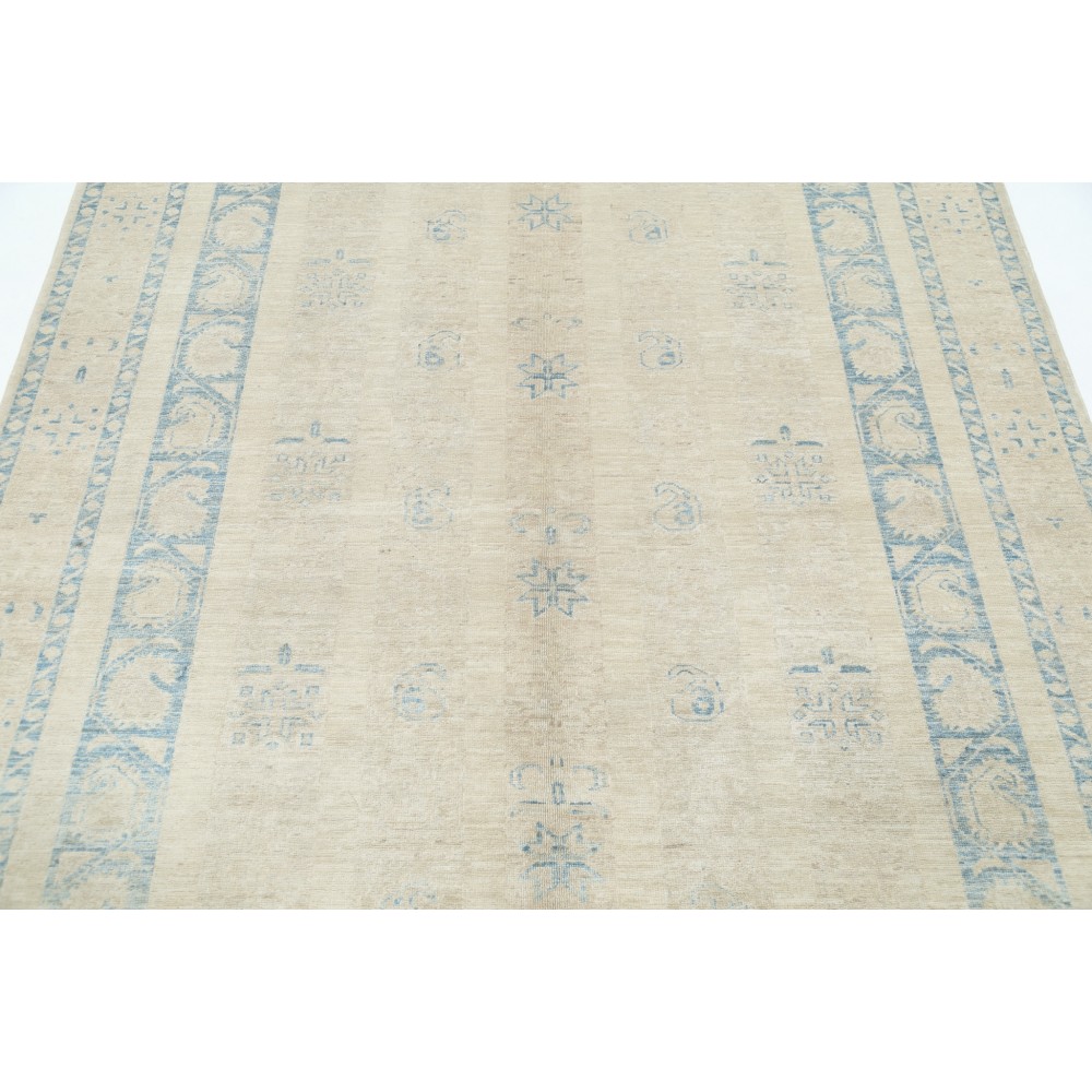 Hand Knotted Beige and Light Blue Wool Area Rug with Minimal Geometric Design