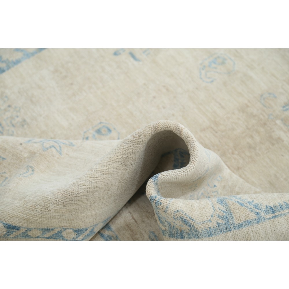 Hand Knotted Beige and Light Blue Wool Area Rug with Minimal Geometric Design