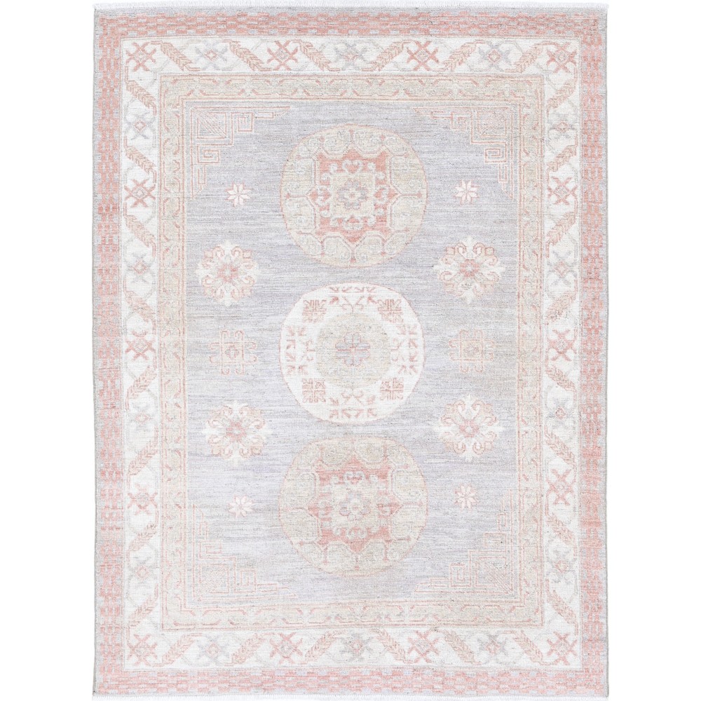 Hand Knotted Turkish Geometric Wool Area Rug in Soft Tones Hand Knotted Turkish Geometric Wool Area Rug in Soft Tones