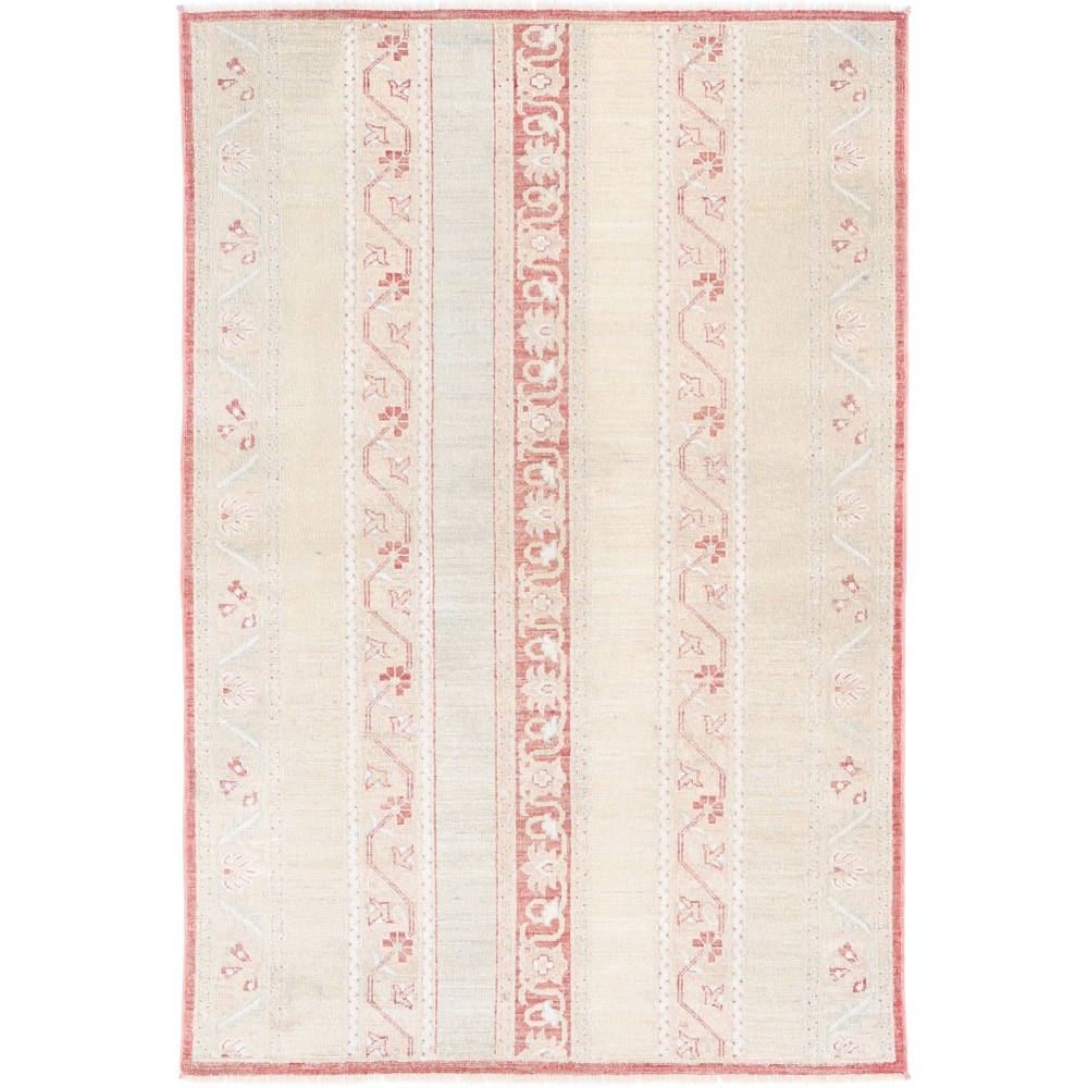 Hand Knotted Beige and Red Wool Area Rug | Turkish Stripe Motif Accent Rug Hand Knotted Beige and Red Wool Area Rug | Turkish Stripe Motif Accent Rug