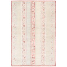Hand Knotted Beige and Red Wool Area Rug | Turkish Stripe Motif Accent Rug