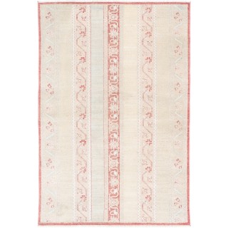 Hand Knotted Beige and Red Wool Area Rug | Turkish Stripe Motif Accent Rug