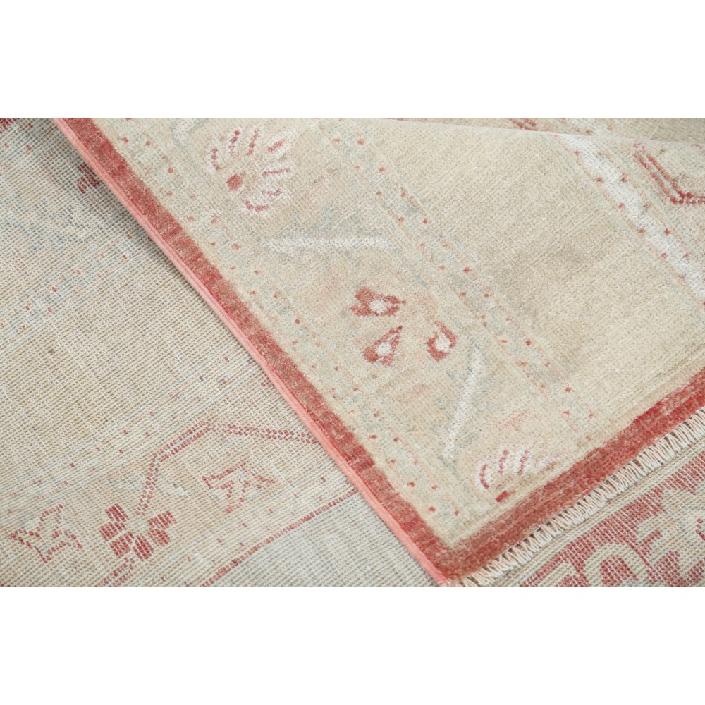 Hand Knotted Beige and Red Wool Area Rug | Turkish Stripe Motif Accent Rug Hand Knotted Beige and Red Wool Area Rug | Turkish Stripe Motif Accent Rug