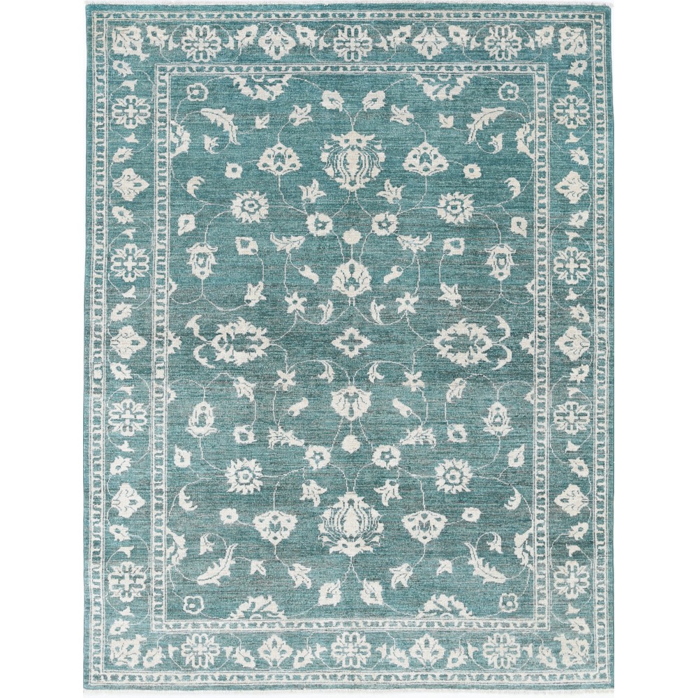 Hand Knotted Green Wool Oushak Area Rug with All-Over Floral Design Hand Knotted Green Wool Oushak Area Rug with All-Over Floral Design