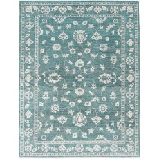 Hand Knotted Green Wool Oushak Area Rug with All-Over Floral Design