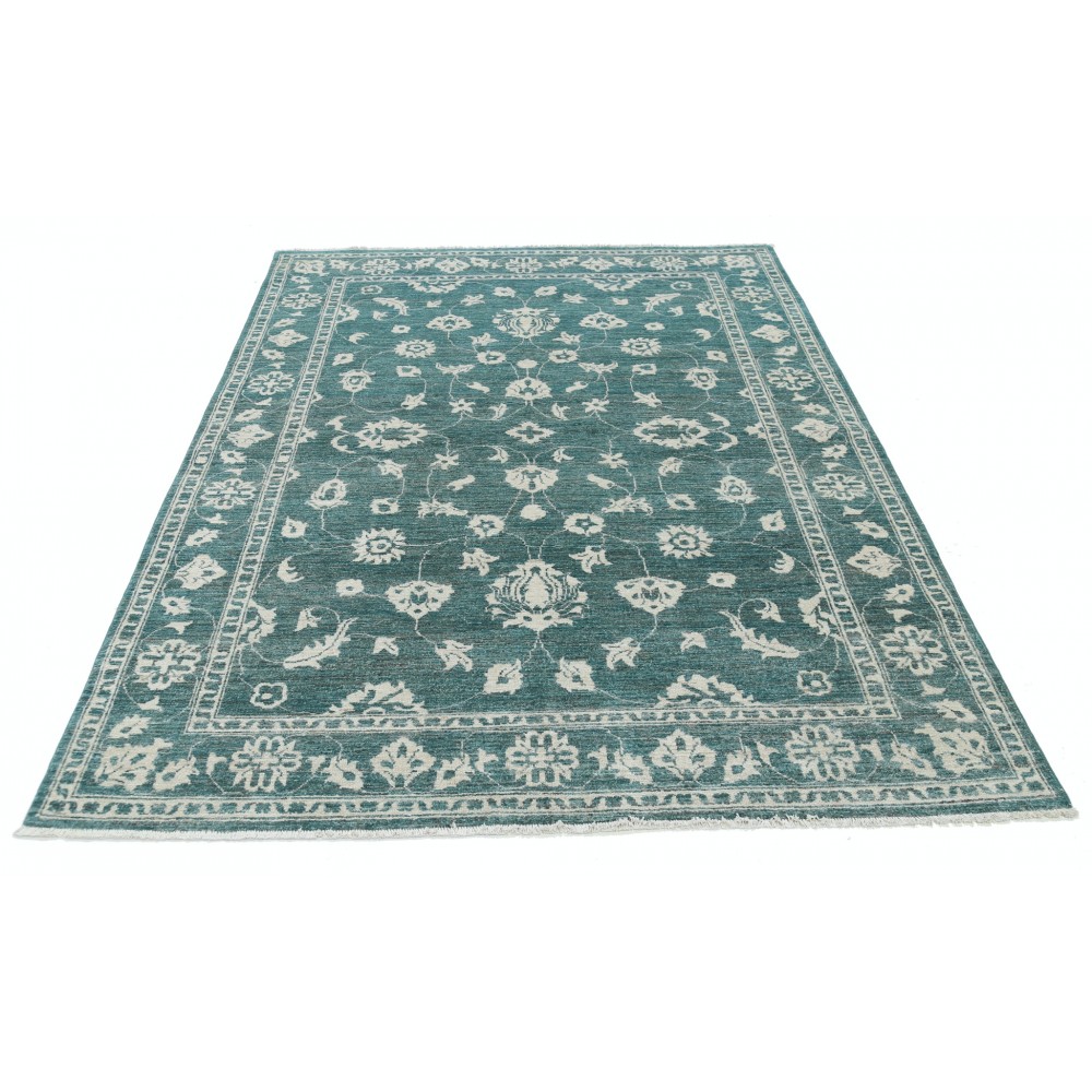 Hand Knotted Green Wool Oushak Area Rug with All-Over Floral Design Hand Knotted Green Wool Oushak Area Rug with All-Over Floral Design