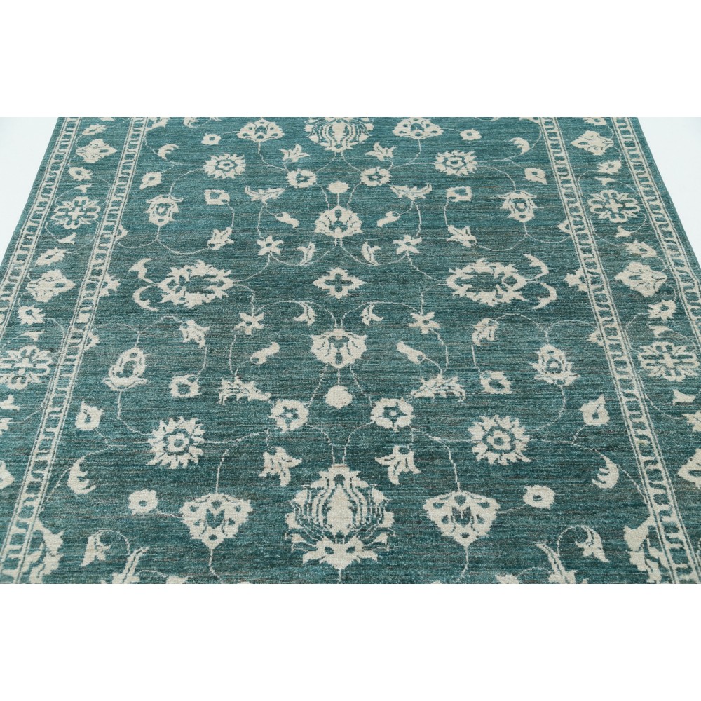 Hand Knotted Green Wool Oushak Area Rug with All-Over Floral Design Hand Knotted Green Wool Oushak Area Rug with All-Over Floral Design