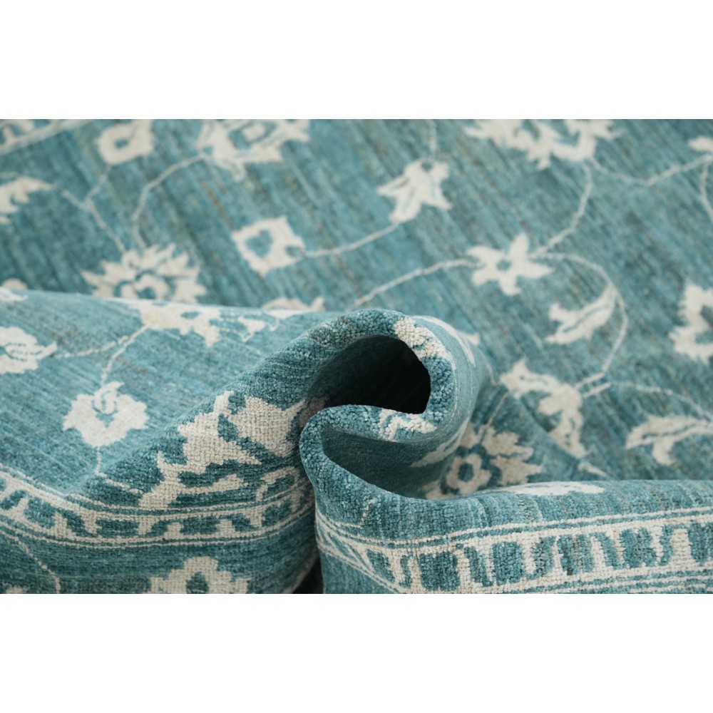 Hand Knotted Green Wool Oushak Area Rug with All-Over Floral Design Hand Knotted Green Wool Oushak Area Rug with All-Over Floral Design