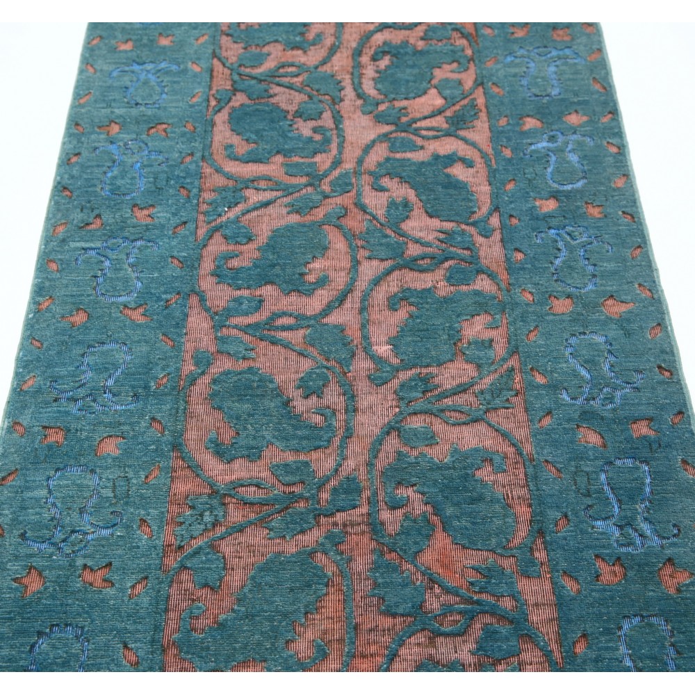 Hand Knotted Teal Blue, Blush Wool Runner Rug | Floral Corridor Rug | Stair Rug | New Kitchen Rug