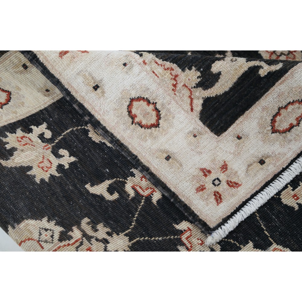 Hand Knotted Black, Beige Wool Runner Rug | Oushak Floral Corridor Rug for Hallway, Kitchen Hand Knotted Black, Beige Wool Runner Rug | Oushak Floral Corridor Rug for Hallway, Kitchen