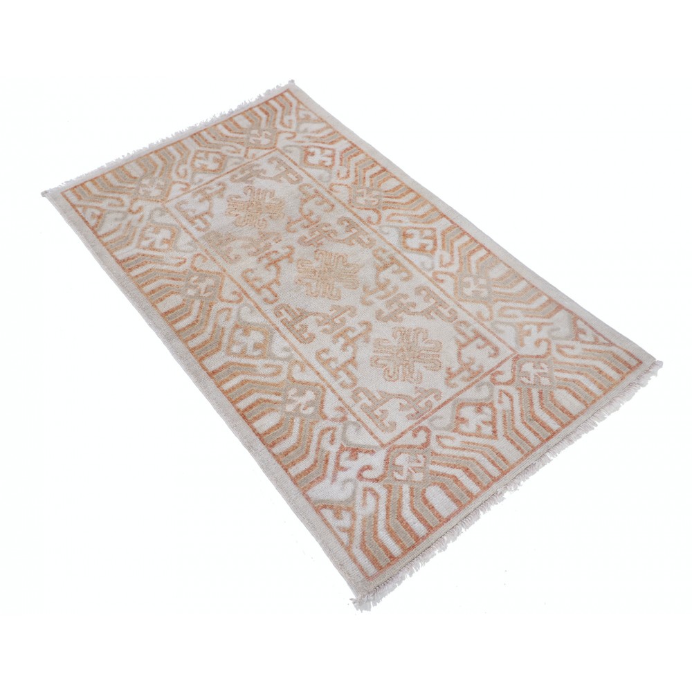 Hand Knotted Ivory, Coral Wool Area Rug | Turkish Geometric Design Accent Rug Hand Knotted Ivory, Coral Wool Area Rug | Turkish Geometric Design Accent Rug
