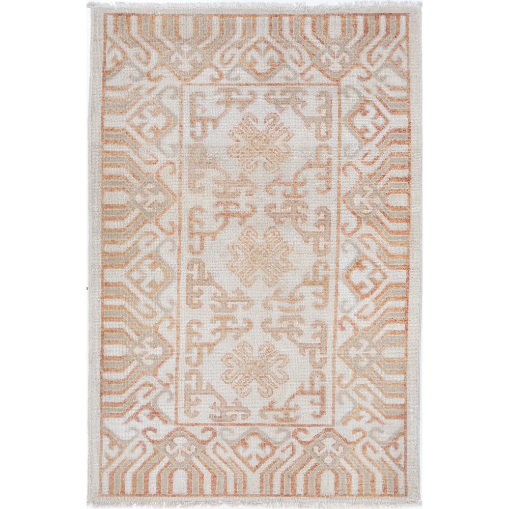 Hand Knotted Ivory, Coral Wool Area Rug | Turkish Geometric Design Accent Rug Hand Knotted Ivory, Coral Wool Area Rug | Turkish Geometric Design Accent Rug