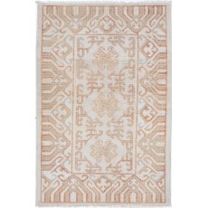 Hand Knotted Ivory, Coral Wool Area Rug | Turkish Geometric Design Accent Rug