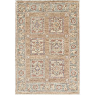 Hand Knotted Red, Tan, Light Blue and Ivory Wool Area Rug | Geometric Floral Small Rug